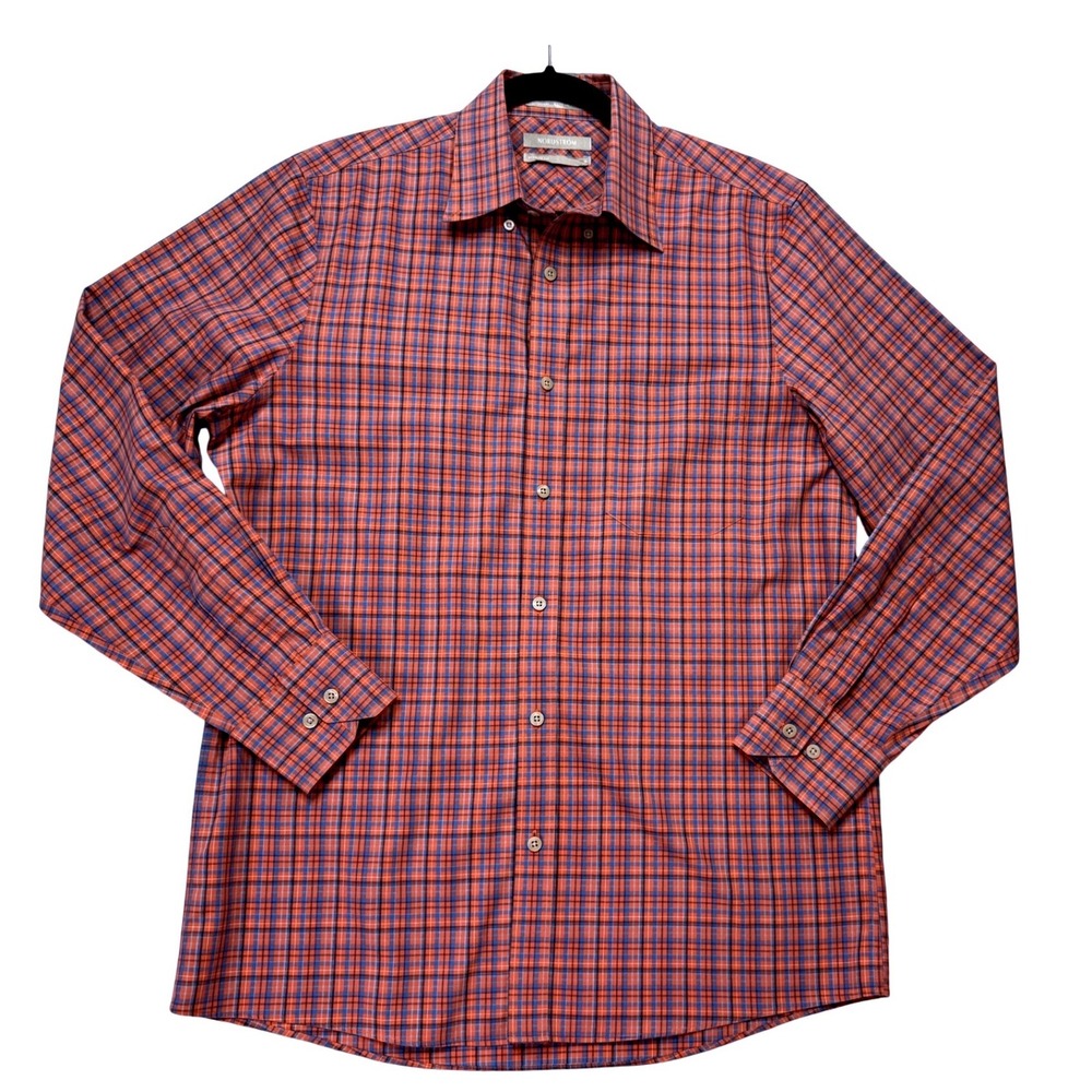Nordstrom Button Down Shirt Mens Medium Orange Blue Excellent Plaid‎ Smartcare